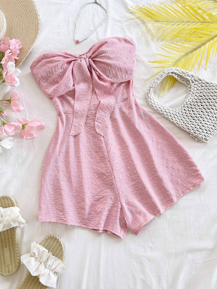 Soleia 女士春夏度假嘉年华邮轮风蓝色水彩印花扭结露背连体裤，宽松版型，适合派对、约会、情人节、叠穿 - 粉色 - 查看 1