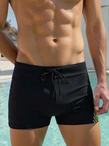 Manfinity Swimmode Men's Letter Print Drawstring Waist Casual Beach Swim Trunks - Black - View 3