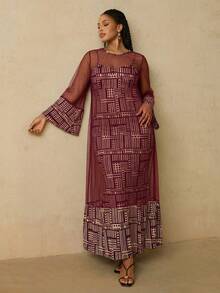 Travachic Conjunto de 2 piezas de vestido de punto con camisola y chal de malla con patrón geométrico africano para mujer de talla grande - Burdeos - Ver 6