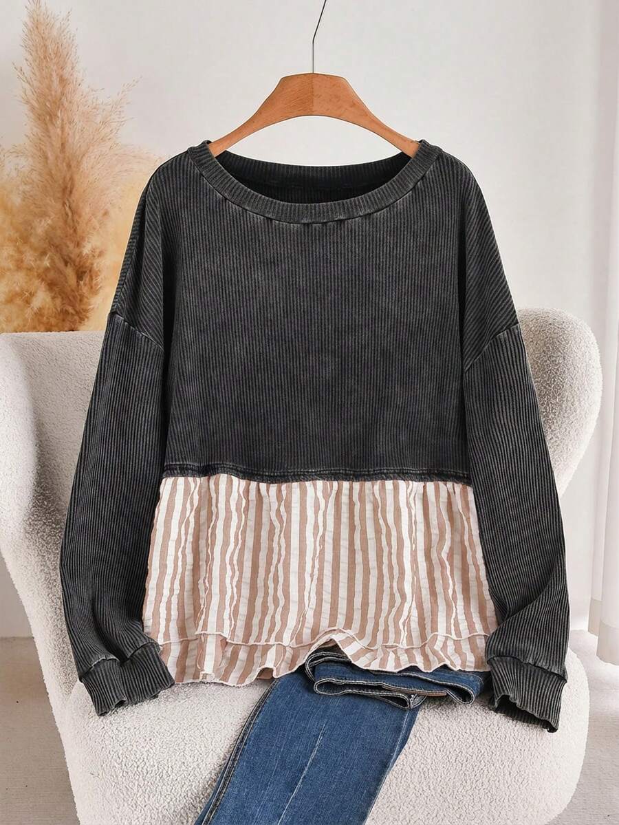 CosyJoli Camiseta de manga larga con cuello redondo, estilo casual, de talla grande, con rayas, parches y estampado floral nevado lavado, para primavera - Multicolor - Ver 1