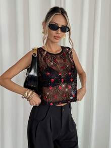 Siren Gaze Women's Sequin Heart Lace Round Neck Loose Fashion Camisole See Through Top Sequin Top Lacey Top Sheer Top - Black - View 7