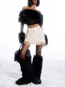 LYSMO Chân váy ngắn tua rua đính sequin gợi cảm mới dành cho nữ, thích hợp cho các bữa tiệc, tiệc đêm retro gợi cảm, trang phục Halloween, năm mới, mùa xuân/hè. - Màu be - Xem 6