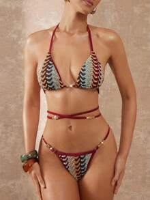 Lumalex Women's Burgundy Luxury Hand-Woven Textured Triangle Bikini Set,Adjustable Halter Neck,Wrap-Around Waist Tie,High-Cut Brazilian,Boho Summer Holiday - Multicolor - View 2