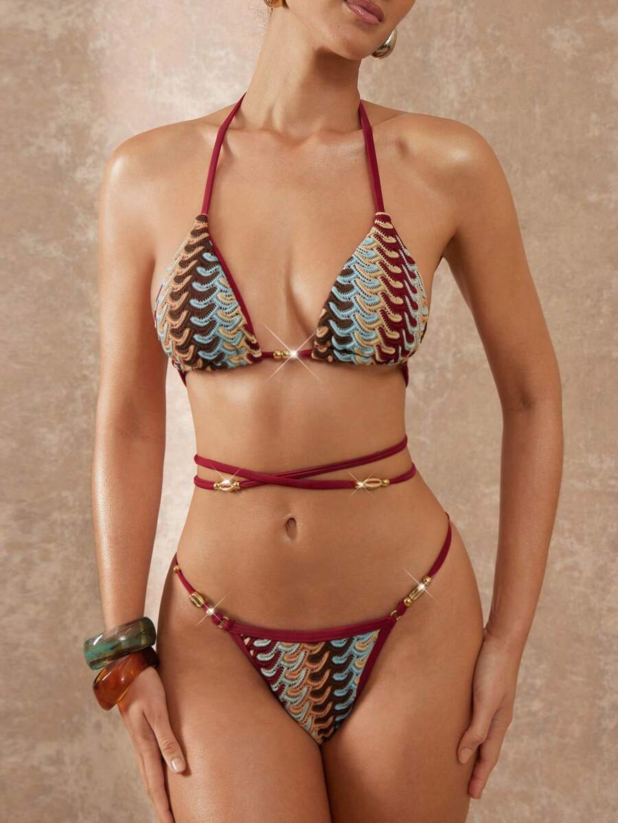 Lumalex Women's Burgundy Luxury Hand-Woven Textured Triangle Bikini Set,Adjustable Halter Neck,Wrap-Around Waist Tie,High-Cut Brazilian,Boho Summer Holiday