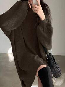 EMERY ROSE 女式纯色高领开衩宽松时尚毛衣裙