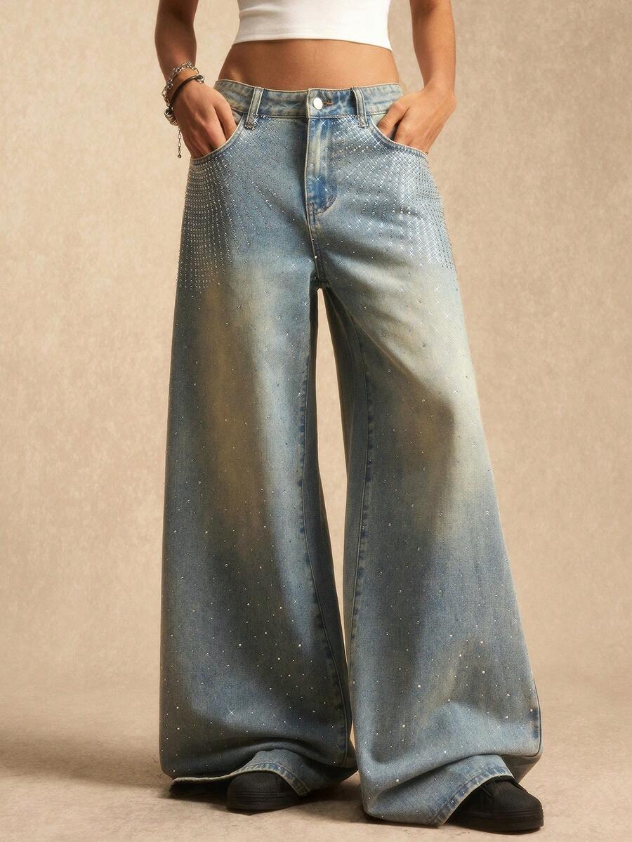 Easelle Women's Retro Low Waist Pockets Loose Fashion Versatile Jeans - Dark Wash - View 1