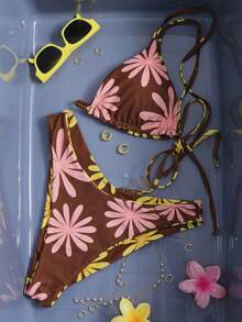 Swim Mod Women's Sexy Elegant Daisy Print Reversible Wireless Bikini Set, Spring/Summer - Multicolor - View 2