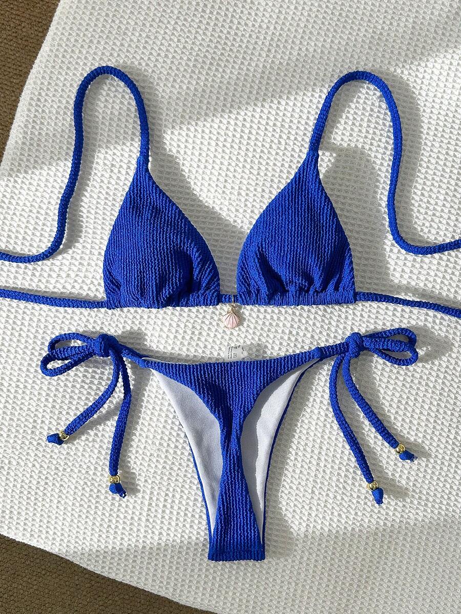 Swim Mod 女士提花面料露背金属装饰性感比基尼套装，夏季 - 藍色 - 查看 1