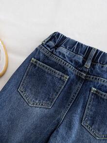 少女夏季，柔软舒适，弹力腰带，休闲直筒百搭日常牛仔裤，牛仔长裤，可爱牛仔裤，宽松牛仔裤，阔腿牛仔裤 - 深灰色 - 查看 5