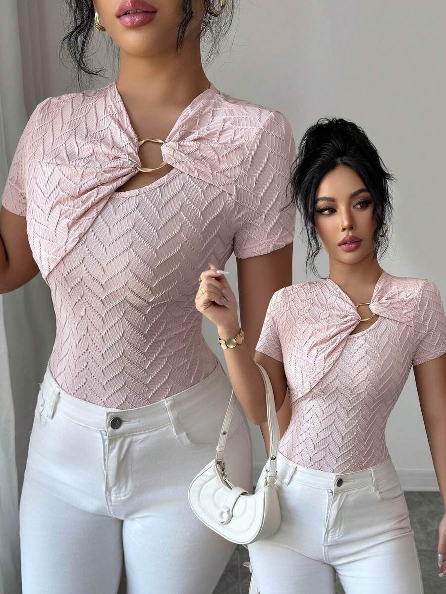 SHEIN Elenzya Textured Fabric Metal Buckle Collar Splice Elegant Women T-Shirt - Pink - View 1