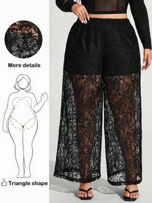 Truni Ropa de otoño para mujer, pantalones anchos de encaje transparente elegantes y sexys de talla grande para invierno - Negro - Ver 1