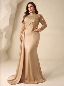 Coutiva 优雅秋冬高领长袖刺绣亮片拼接缎面鱼尾裙正式晚宴礼服，适合婚礼宾客、毕业舞会、派对、开斋饭等场合。 - 香檳色 - 查看 4