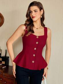 Vintamour 复古经典优雅女士衬衫，金属花朵纽扣无袖白色衬衫，春夏款 - 酒紅色 - 查看 3