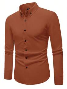 Manfinity Mode Áo sơ mi nam tay dài đơn giản, tối giản, màu trơn - trái cam - Xem 5