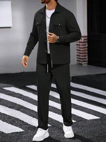 Manfinity Homme 2pcs Men's Corduroy Work Shirt Set - Black - View 8