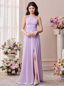 Pitira Teen Girl Purple Pearl Chiffon One-Shoulder Elegant Long Dress Purple Dress Elegant 15yr Old Lavender Dress Teen Light Purple Dress Bridesmaid Dress For Girls In Lavander - Purple - View 3