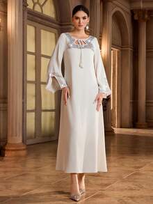 Al Najma Women's Rhinestone Decor Tassel Tie Neck Long Sleeve Elegant Arabic Style Dress - Apricot - View 3