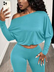 BamGleam 性感不对称肩部收腰长袖露脐上衣和裤子套装 - 霧霾藍 - 查看 5