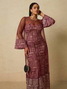 Travachic Conjunto de 2 piezas de vestido de punto con camisola y chal de malla con patrón geométrico africano para mujer de talla grande - Burdeos - Ver 4