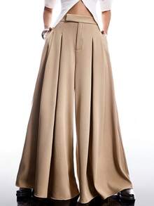 LYSMO 女士休闲卡其色褶皱阔腿西装裤 - 卡其色 - 查看 4