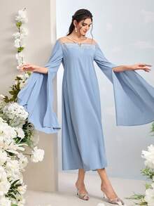 Al Najma 女士时尚优雅网纱拼接土耳其长裙，阿拉伯传统长袍 - 藍色 - 查看 5