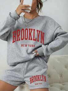 Conjunto de 2 piezas para mujer con estampado de Brooklyn, sudadera y shorts, ropa casual y cómoda para estar en casa, conjuntos de dos piezas para mujer - Gris - Ver 3