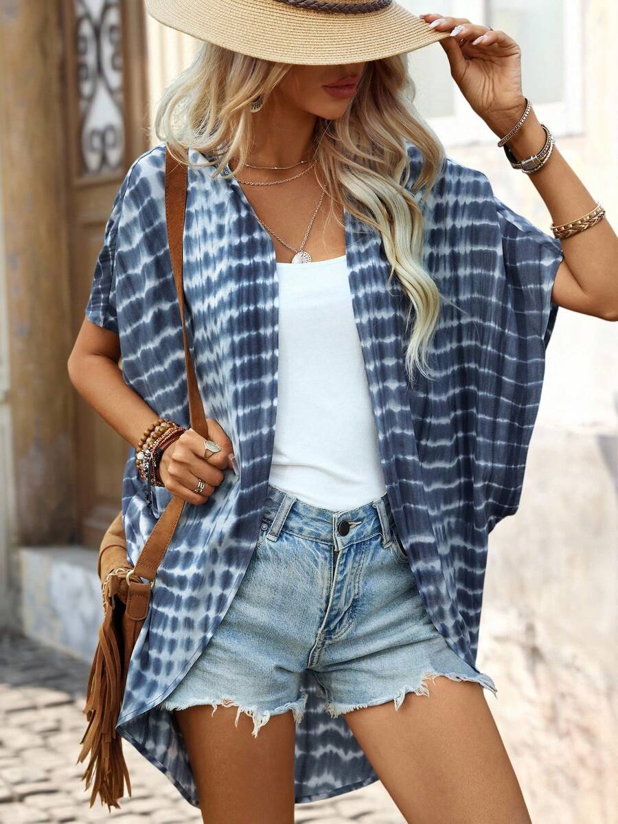 Brillora Tie Dye Batwing Sleeve Kimono Summer - Blue and White - View 1