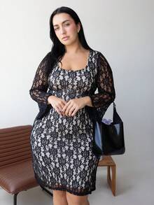 Truni Fall Clothes For Women,WinterPlus Size Round Neck Raglan Flare Sleeve Fitted Lace Dress/Autumn /Winter - Black - View 7