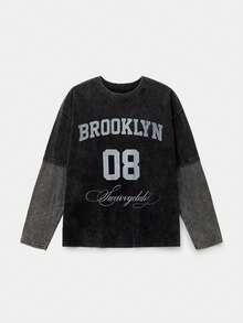 SWAVVY Áo thun nam dài tay cổ tròn, dáng thường ngày, màu đen phối đen, cổ áo bo gân, thích hợp cho mùa xuân/thu. - màu đen - Xem 3