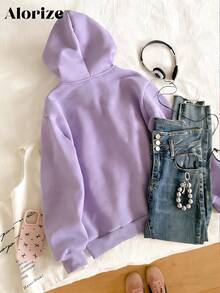 少女休闲连帽拉链卫衣，饰有粉色蝴蝶结刺绣和口袋，适合上学、通勤、散步，可搭配运动裤、长袖衫和毛衣。 - 紫色 - 查看 2