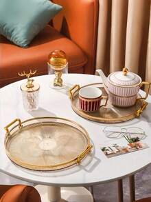 1 Piece Multifunctional Jewelry Organizer Display Tray With Handle For Cosmetics Perfume Accessories Vanity Bathroom Coffee Table Kitchen Decor Valentine Gift - Champagne - View 6