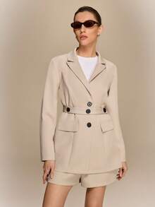 Hanevo Women's Solid Color Lapel NeckLong Sleeve Single-Breasted Jacket And Shorts Casual Suit Set - Apricot - View 7