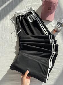 SHEIN EZwear 大尺碼女款數字印花抽繩腰寬腿休閒牛仔褲，適合返校、騎行、辦公、正式場合與度假，黑白配色，秋季款 - 黑色 - 查看 3