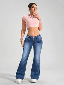SHEIN PETITE Women's Low Waist Flare Casual Versatile Denim Jeans