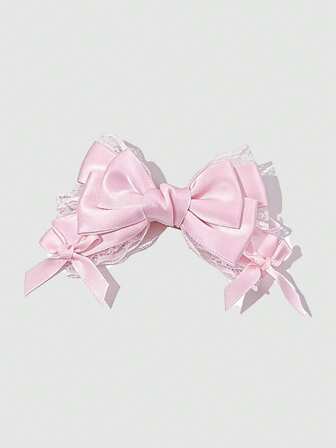 J-Fashion 1 Pasador de pelo con elemento de estrella con lazo rosa, clip de pato con borde de encaje blanco de estilo lindo y dulce, pasador de pelo hecho a mano con perla y rhinestone para fiesta de té Lolita