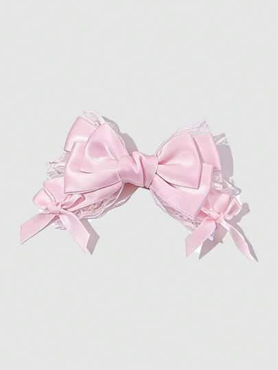 J-Fashion 1 Pasador de pelo con elemento de estrella con lazo rosa, clip de pato con borde de encaje blanco de estilo lindo y dulce, pasador de pelo hecho a mano con perla y rhinestone para fiesta de té Lolita