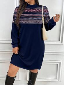 SHEIN Essnce Đầm dài tay dáng suông họa tiết hình học dành cho nữ cỡ lớn - Màu xanh hải quân - Xem 5