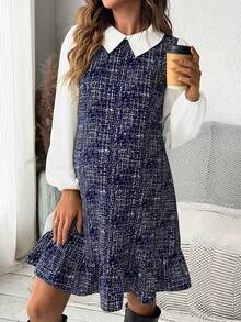 SHEIN Maternity Casual Round Neck Sleeveless Dress, Autumn - Blue - View 3