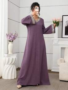 Al Najma Solid Color V-Neck Loose Long Sleeve Elegant Ribbon Decor Everyday Dress - Purple - View 5