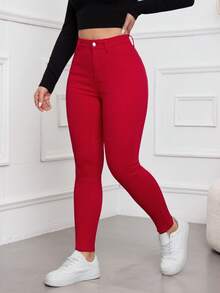 Rivivi Women's Solid Color Casual Denim Jeans - Red - View 3