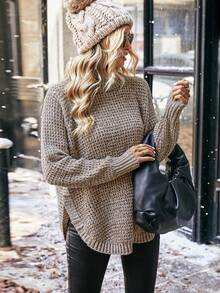 SHEIN LUNE Jersey de cuello alto con mangas raglán, jersey de punto de manga larga para otoño e invierno - Caqui - Ver 6