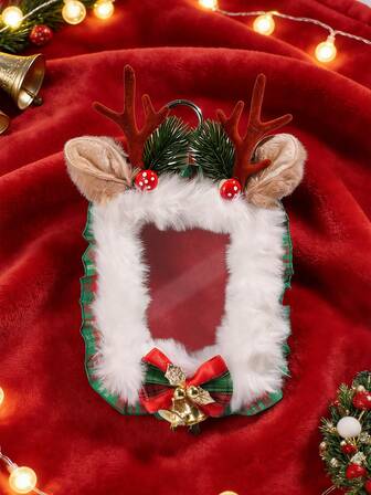 Kawaii 1pc Cute Christmas Reindeer Card Holder, Plush Bow Bag Charm, 3-Inch Decorative Card For Autumn/Winter Atmosphere