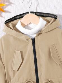 SHEIN 女童休闲字母装饰宽松文字织带连帽口袋中长款派克大衣，风衣，梭织双排扣翻领宽松长款防风外套，休闲军装风，适合通勤和户外活动，春夏秋冬皆宜，Y2K金属夹克，Y2K风格，女童款。返校季，母女亲子装。 - 駝色 - 查看 8