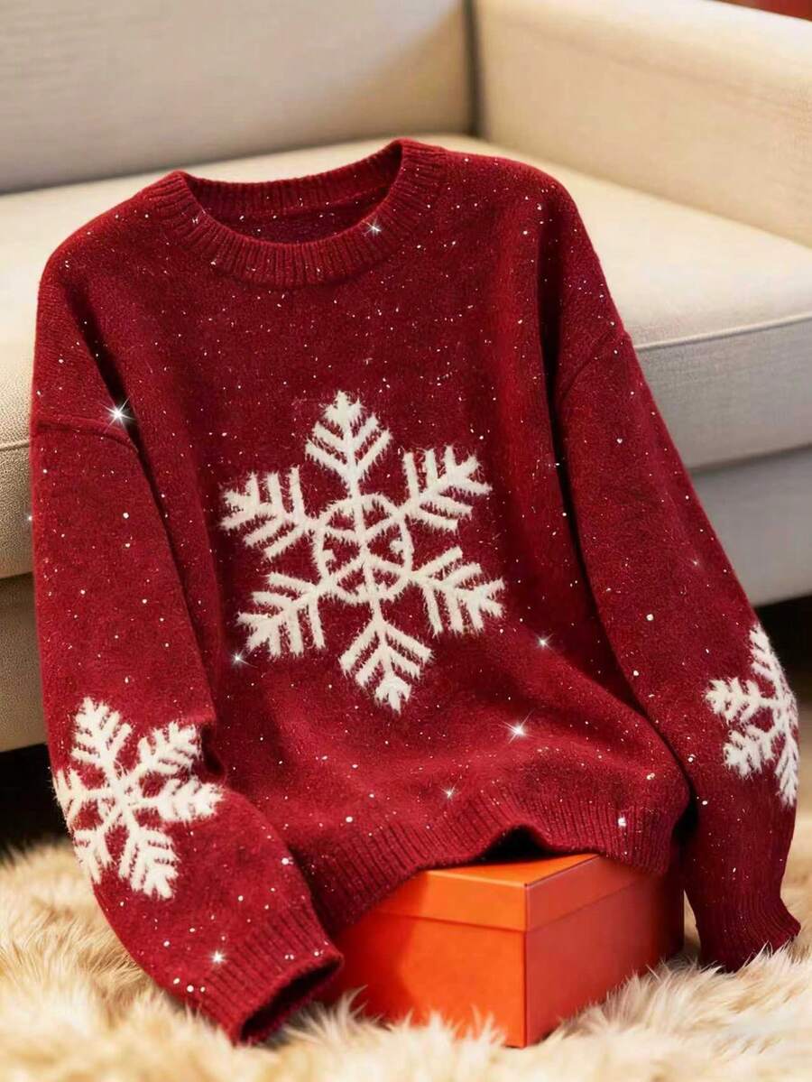 Franclia New Arrival Popular Christmas Snowflake Sweater, Loose Fashionable Knitted Pullover For Women, Autumn/Winter - Burgundy - View 1