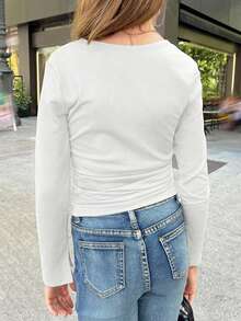 SHEIN Tween Girl Ruched Long Sleeve T-Shirt, Slit Cuffs, Waist Ruching, Square Neck T-Shirt, Autumn/Winter Top - White - View 2