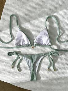 Elavelle 女士提花面料露背金属装饰性感比基尼套装，夏季 - 青檸色 - 查看 2