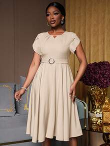 Lyxana Elegant Women's Dress With Round Neck, Pleated Puff Sleeves, Waist Belt, And A-Line Silhouette, Suitable For Commuting - Khaki - View 3