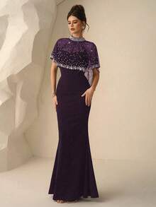 Coutiva 女士高端晚礼服，饰以仿珍珠，优雅正式，适合派对和盛会，奢华精致。 - 紫色 - 查看 1