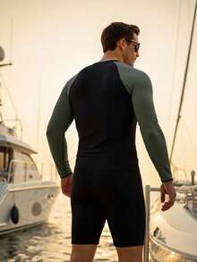 Manfinity Swimmode 男士撞色圆领长袖连体泳衣 - 黑色 - 查看 2