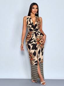 Women's Elegant Chain Print Deep V-Neck Twist Design High Slit Thigh Sleeveless Maxi Dress,Lightweight Spring-Summer Holiday Outfits - Black - View 6